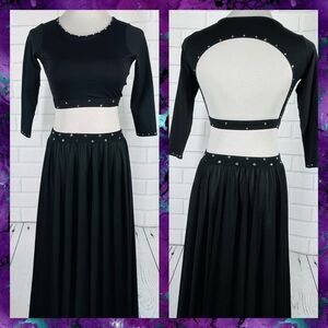 Leo's Dancewear Black Rhinestone Full Circle Maxi Skirt & Matching Crop Top - S